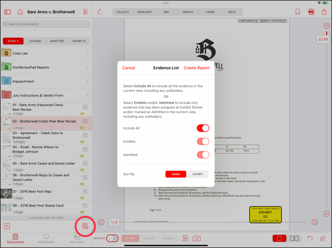 Evidence List Report Options
